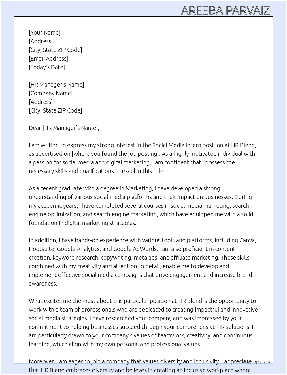 Social media intern  At Hr blend Cover Letter