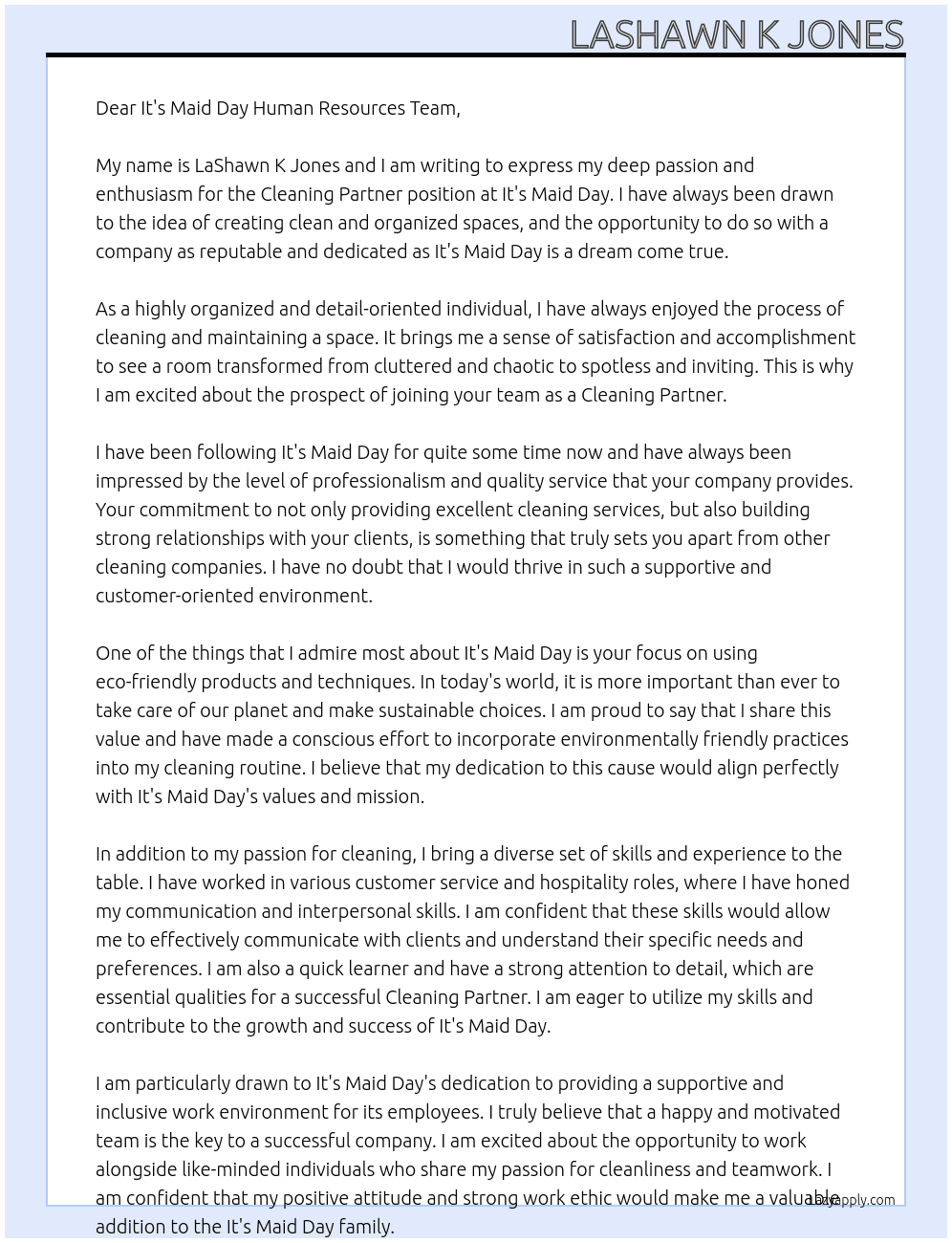 Cleaning Partner At It's Maid Day Cover Letter