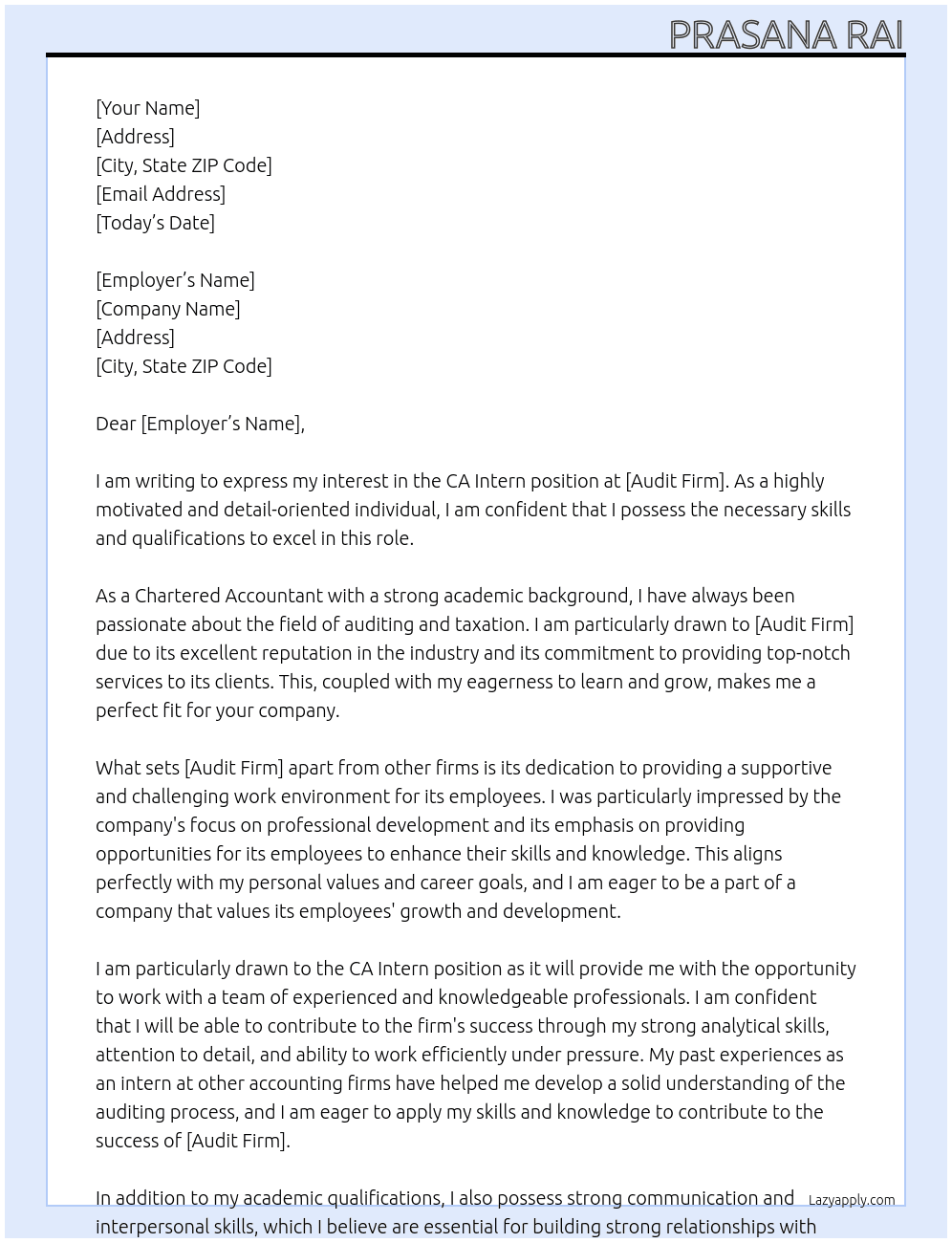 CA Intern At Audit firm Cover Letter
