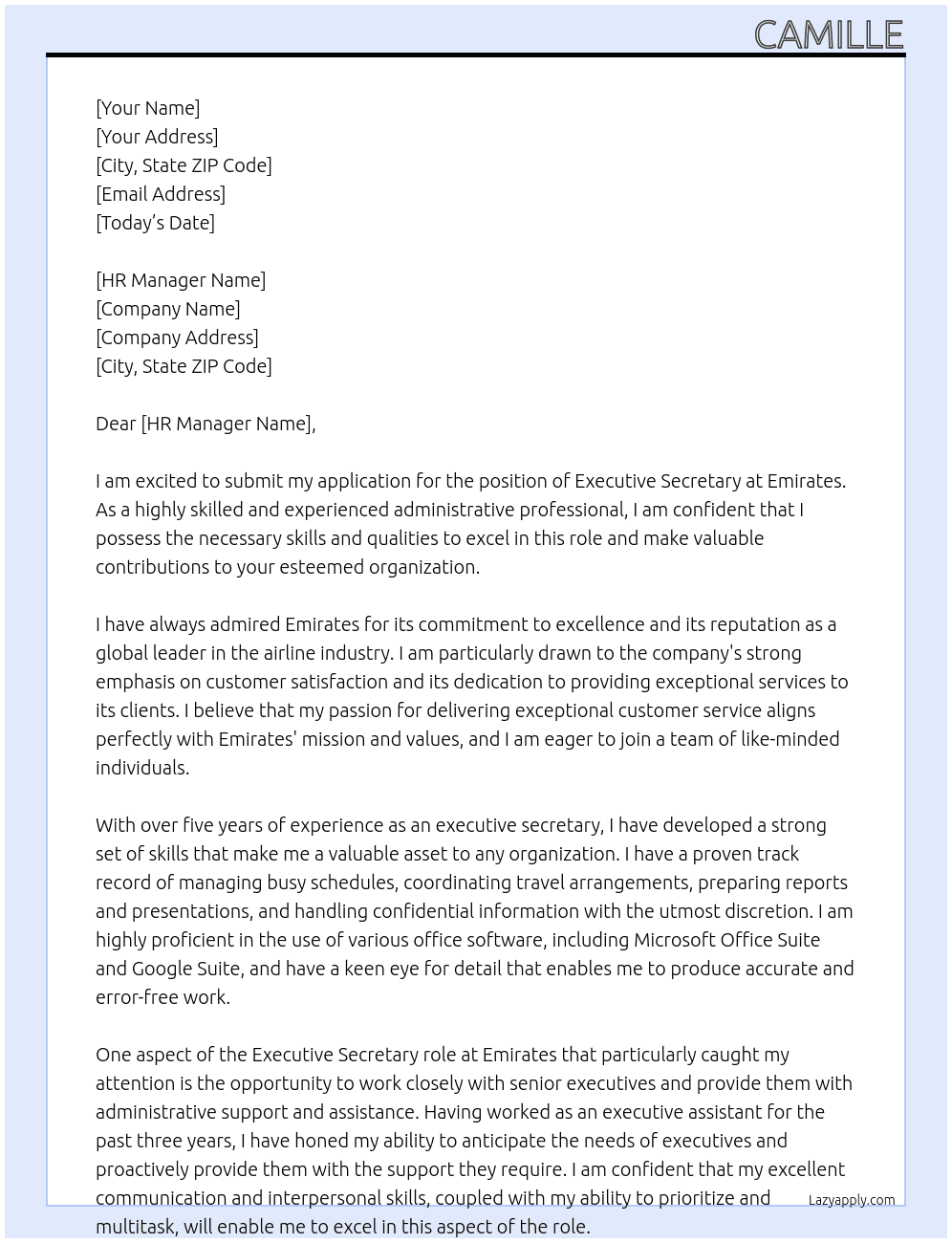 executive secretary At emirates Cover Letter