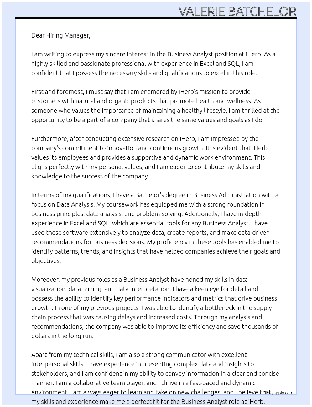 Business Analyst At iHerb Cover Letter
