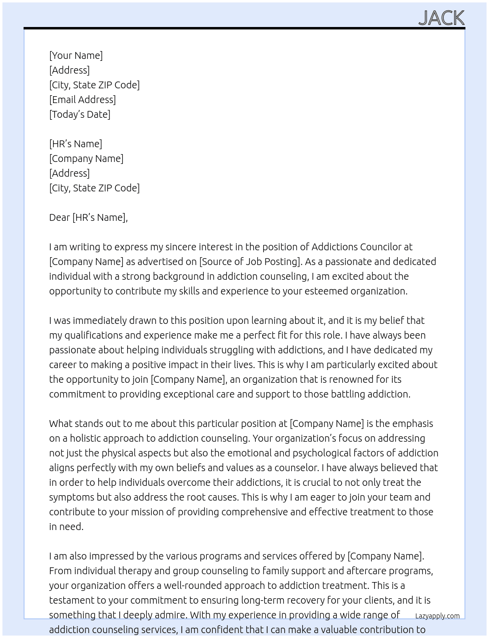 Addictions councilor  At Addictions councilor  Cover Letter