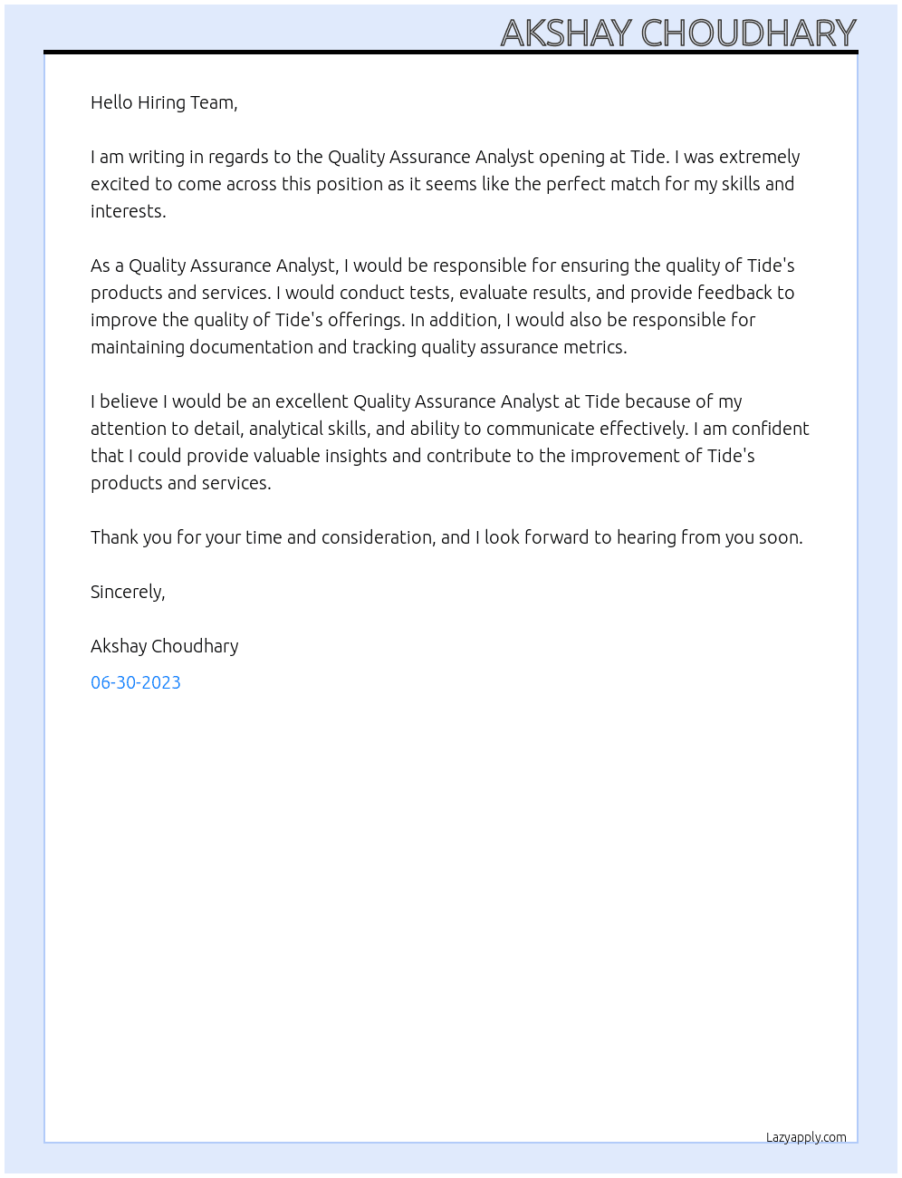 Quality assurance analyst  At Tide Cover Letter