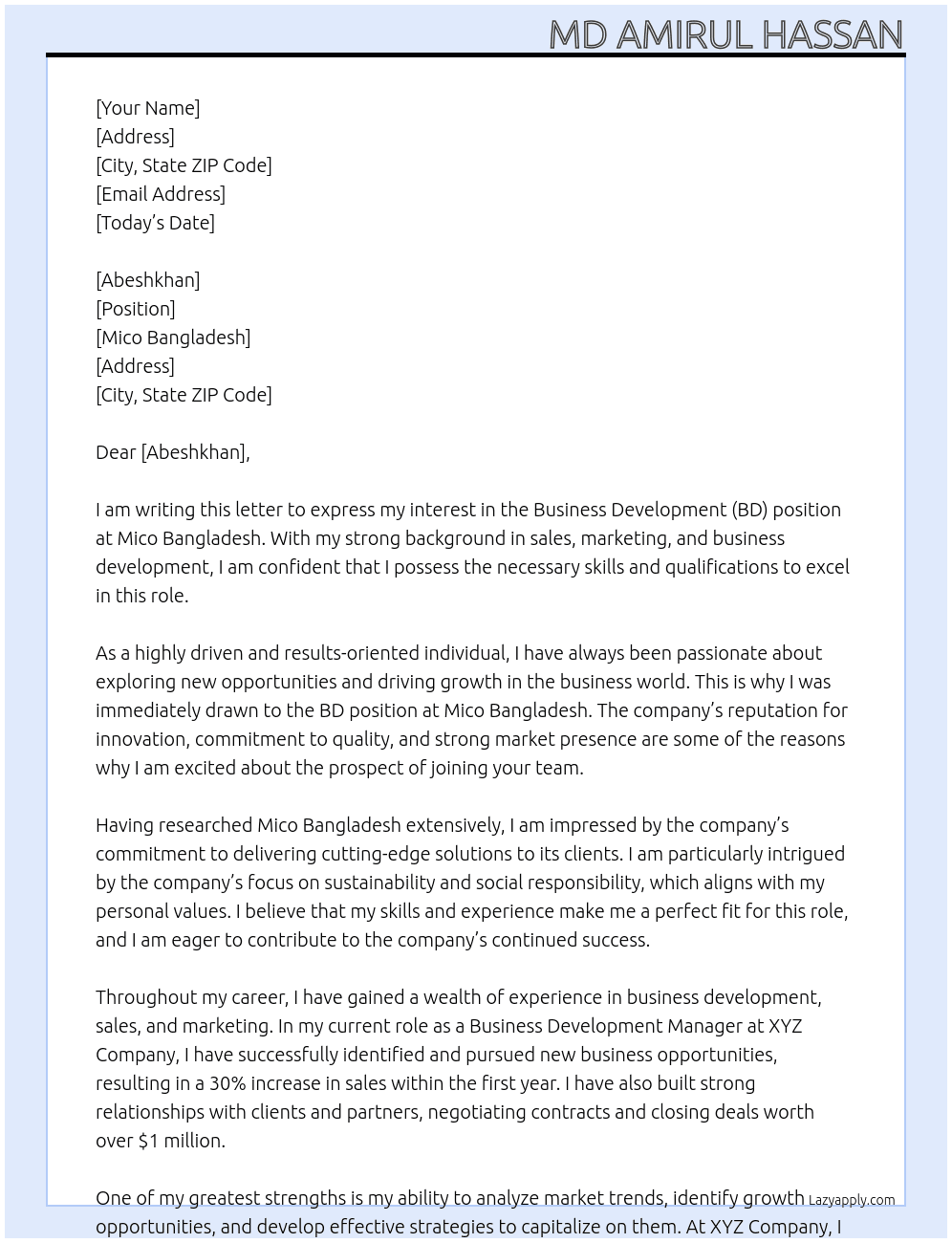 business devolopment bd At Mico Bangladesh Cover Letter