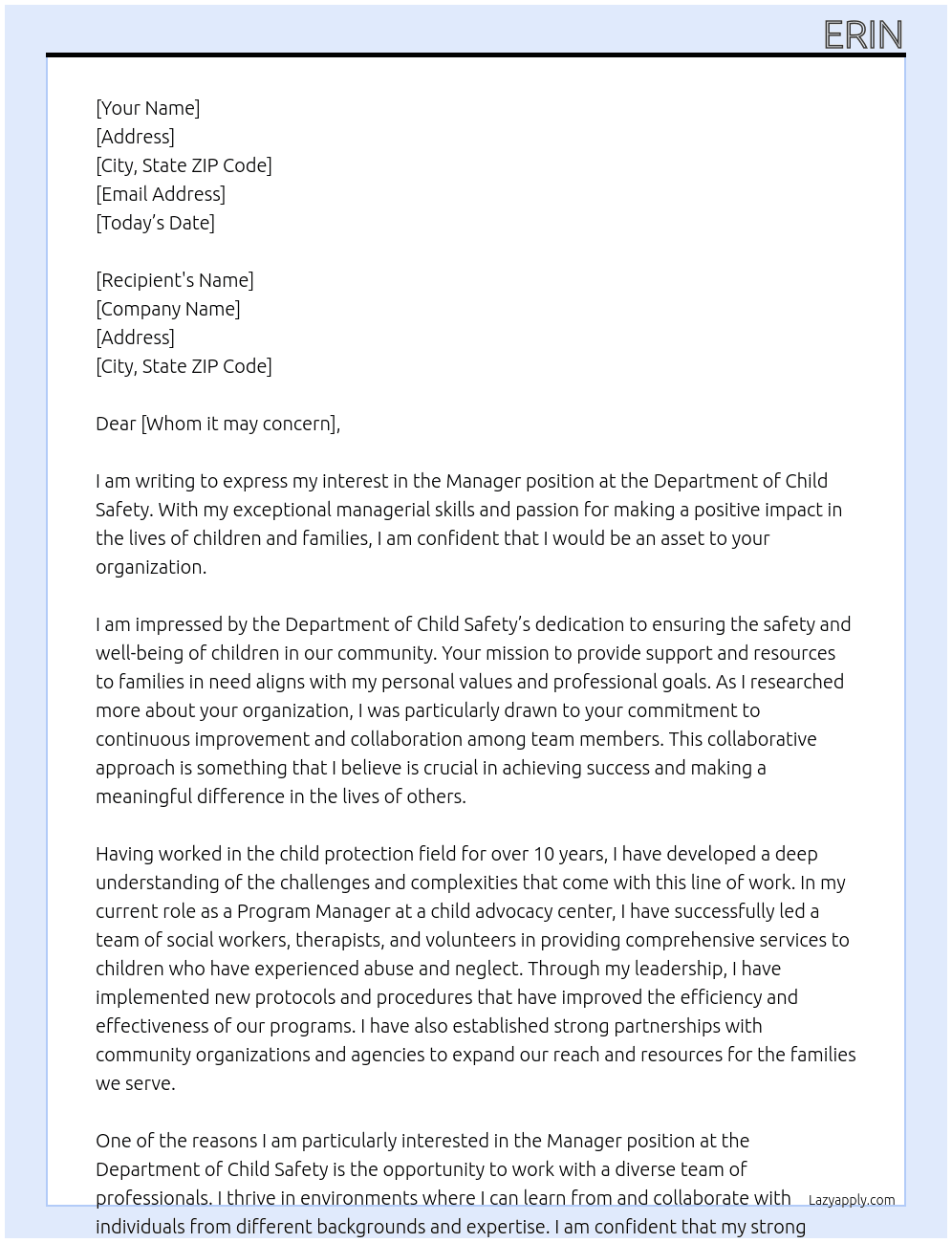 Manager At Department of Child Safety Cover Letter