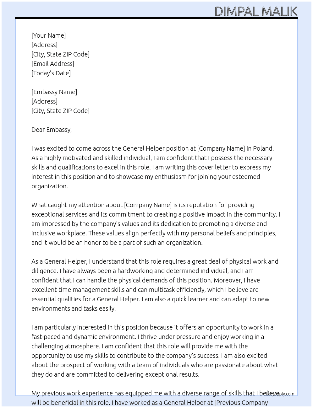 General Helper At Poland Cover Letter