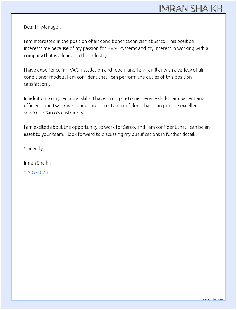 Air conditioner technician  At Sarco Cover Letter