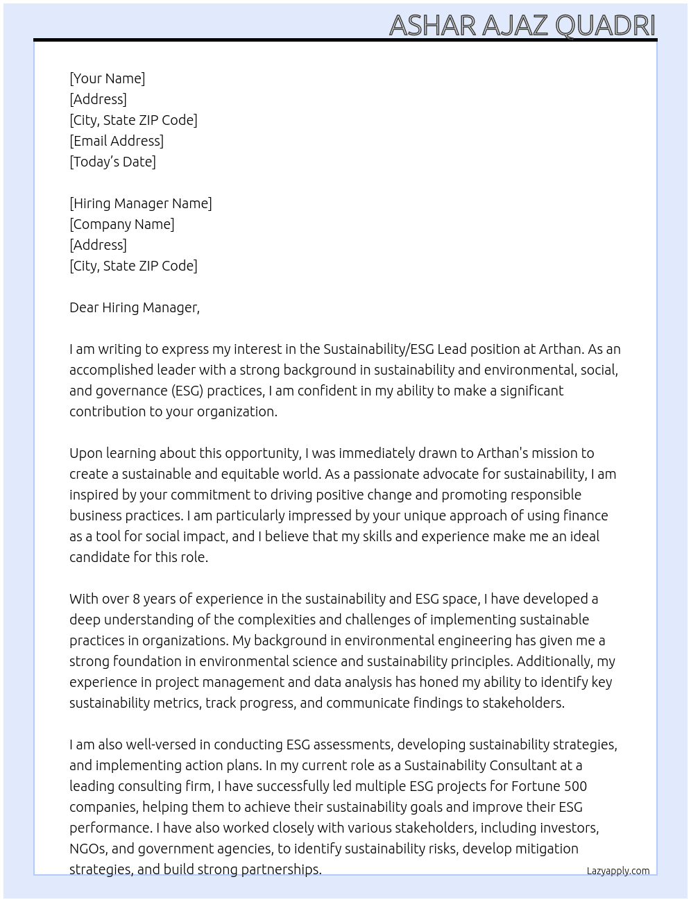 Sustainability / ESG Lead  At Arthan  Cover Letter
