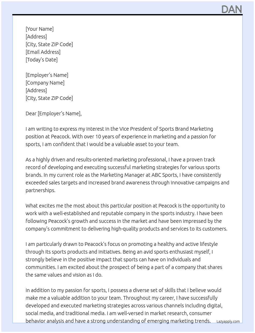 VP, Sports Brand Marketing At Peacock Cover Letter