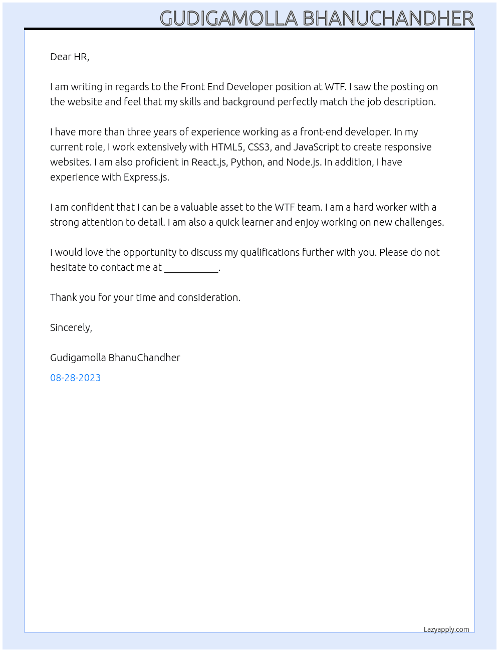 Front end developer At WTF Cover Letter