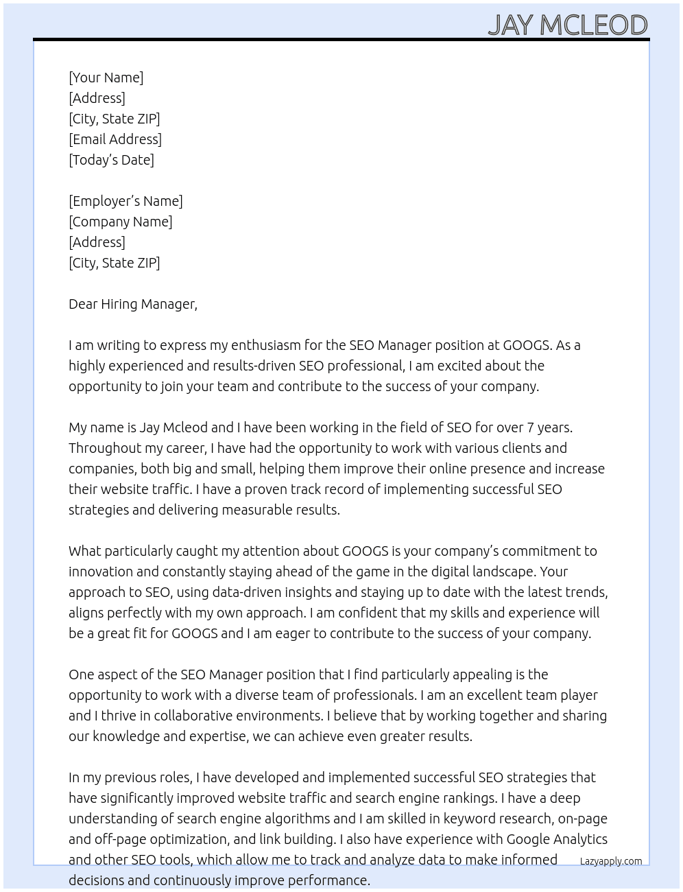 SEO Manager At GOOGS Cover Letter