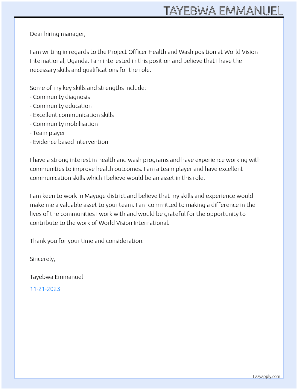 Project Officer Health and Wash At World Vision International, Uganda. Cover Letter