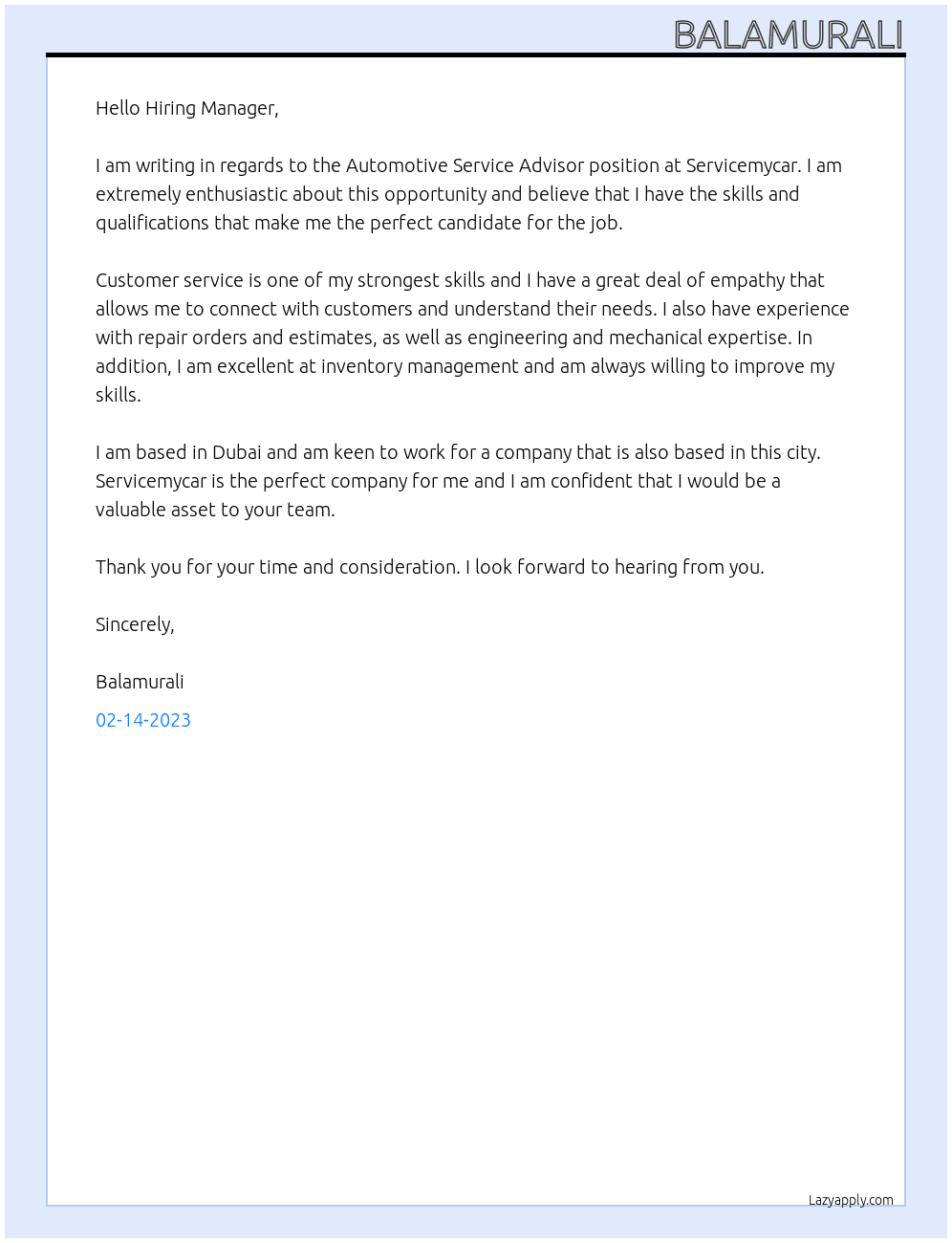 Automotive service advisor  At Servicemycar  Cover Letter