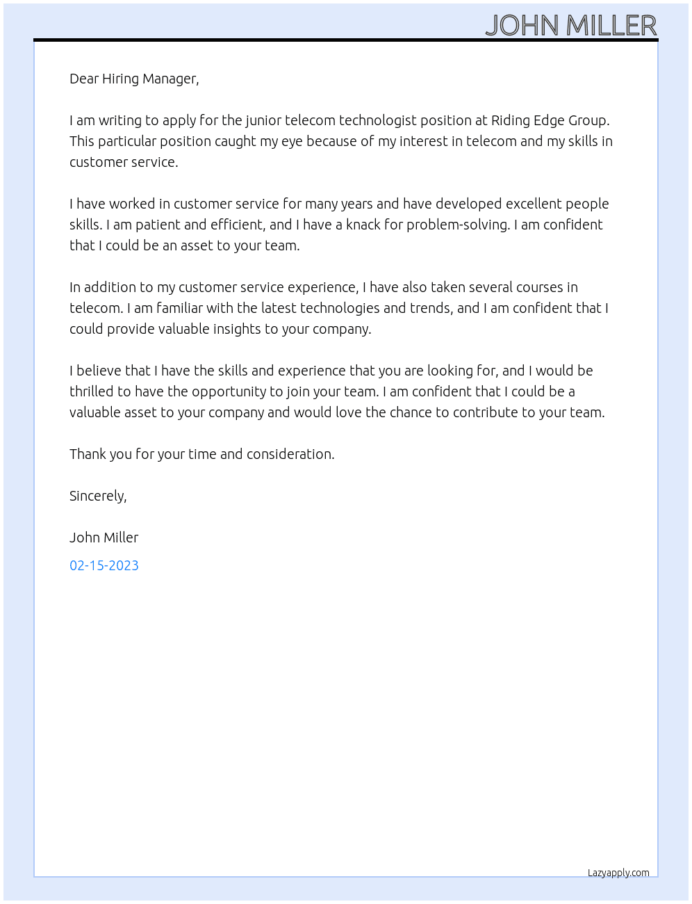 junior telecom technologist At riding edge group Cover Letter