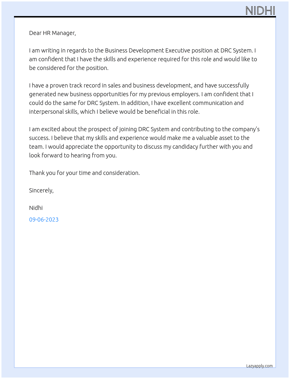 Business Development Executive At DRC System Cover Letter