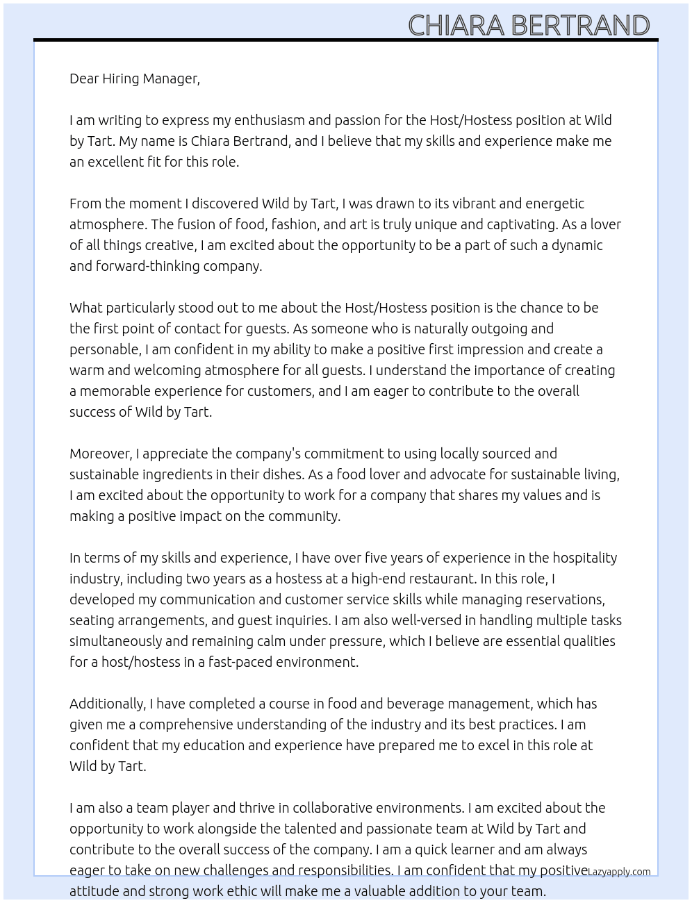 Host/hostess At Wild by Tart Cover Letter