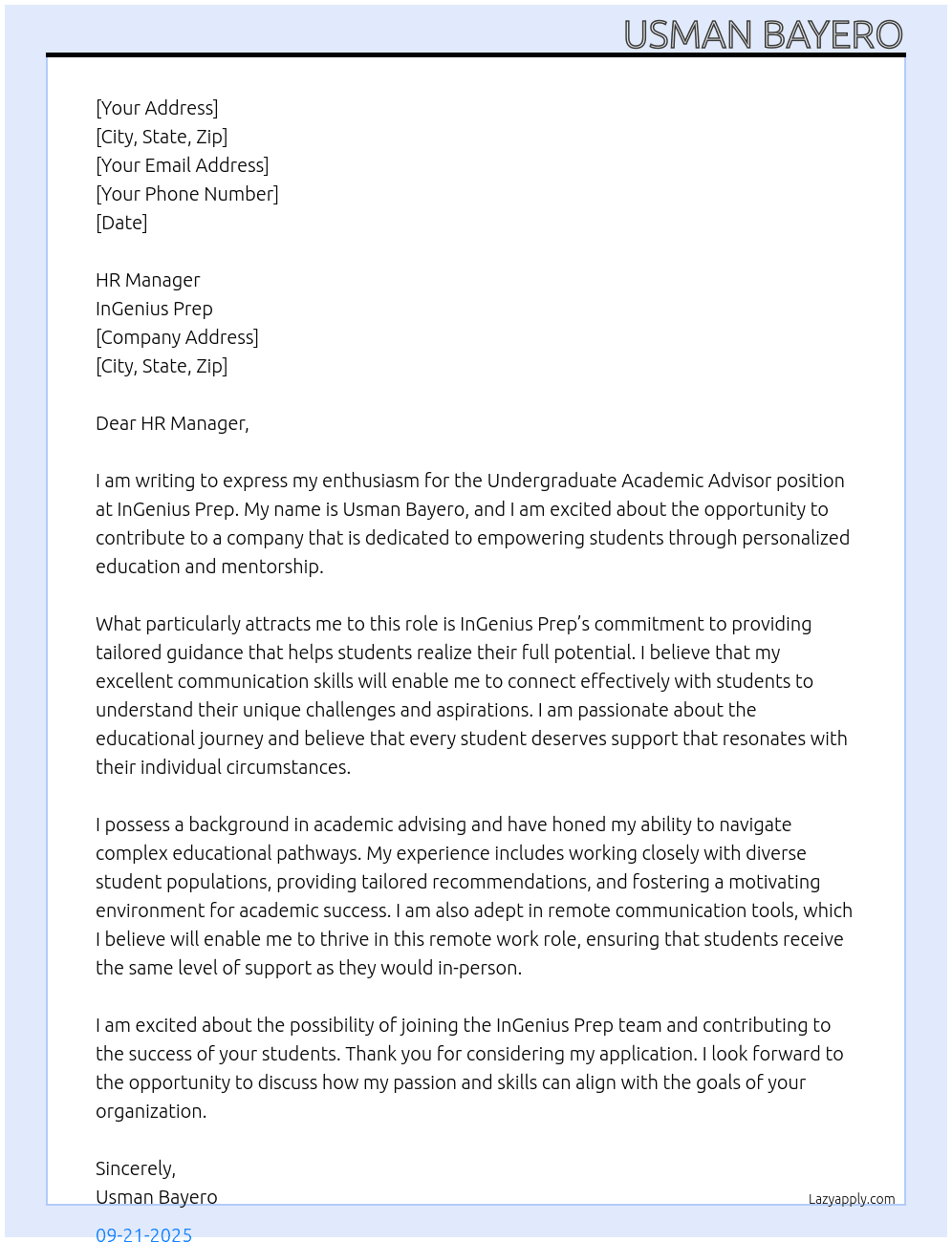 Undergraduate Academic Advisor At InGenius Prep Cover Letter