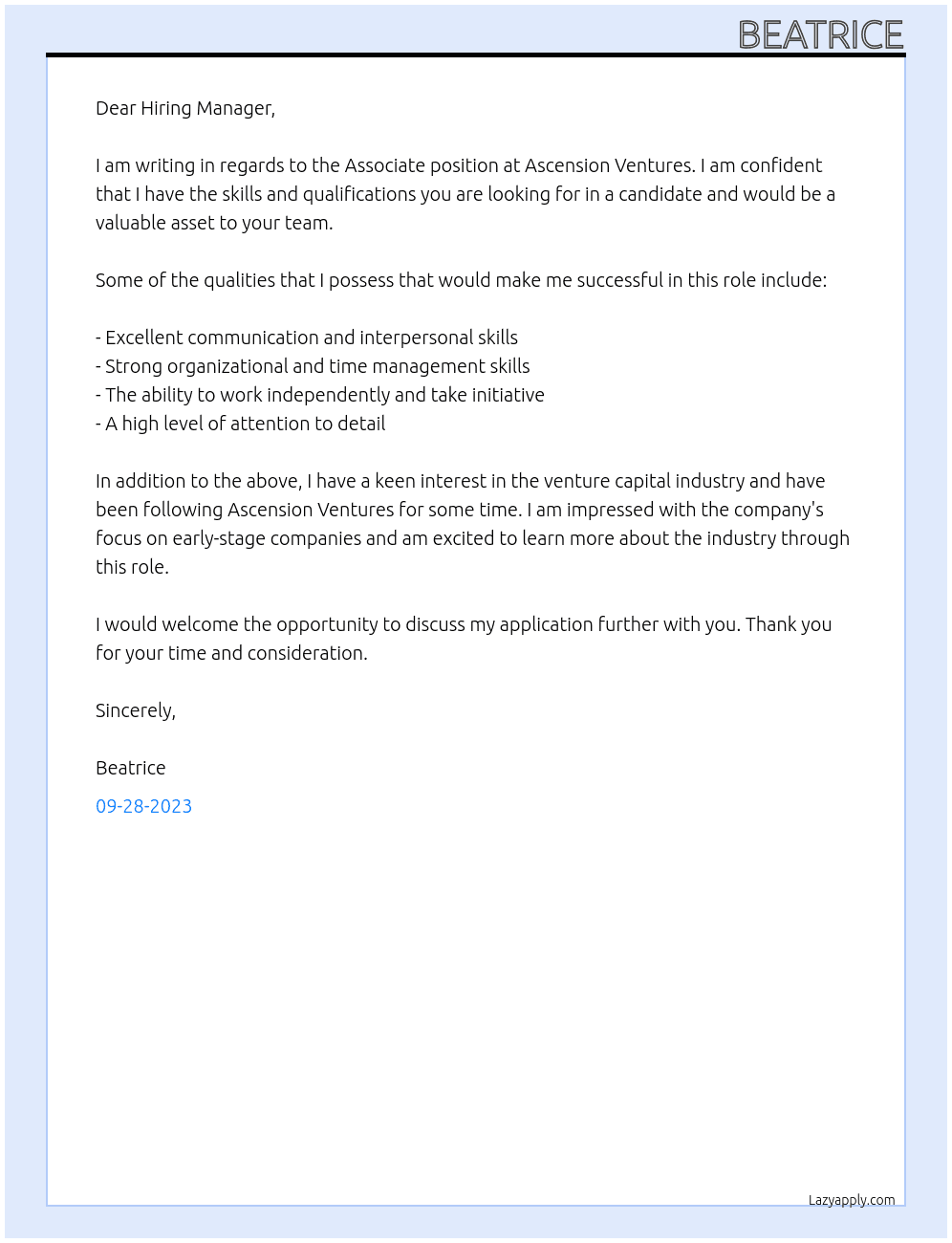 Associate At Ascension Ventures Cover Letter