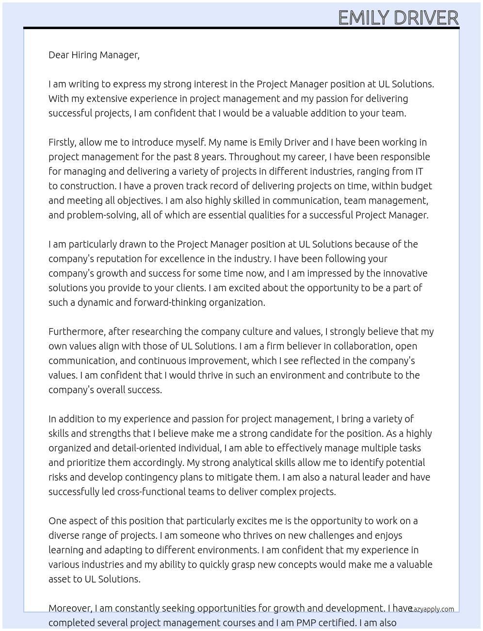 Project Manager At UL Solutions Cover Letter