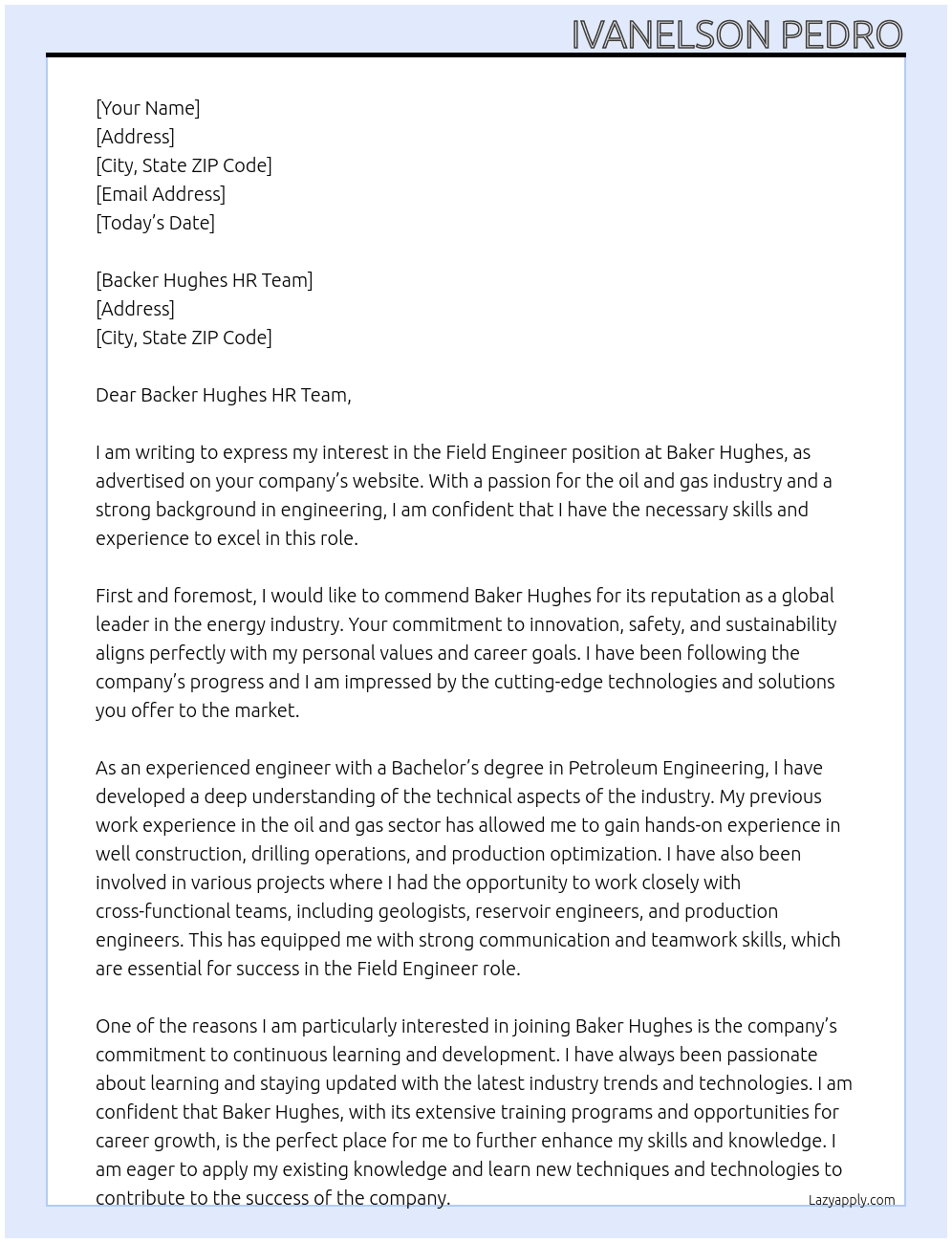 fild engineer At Baker hughes   Cover Letter
