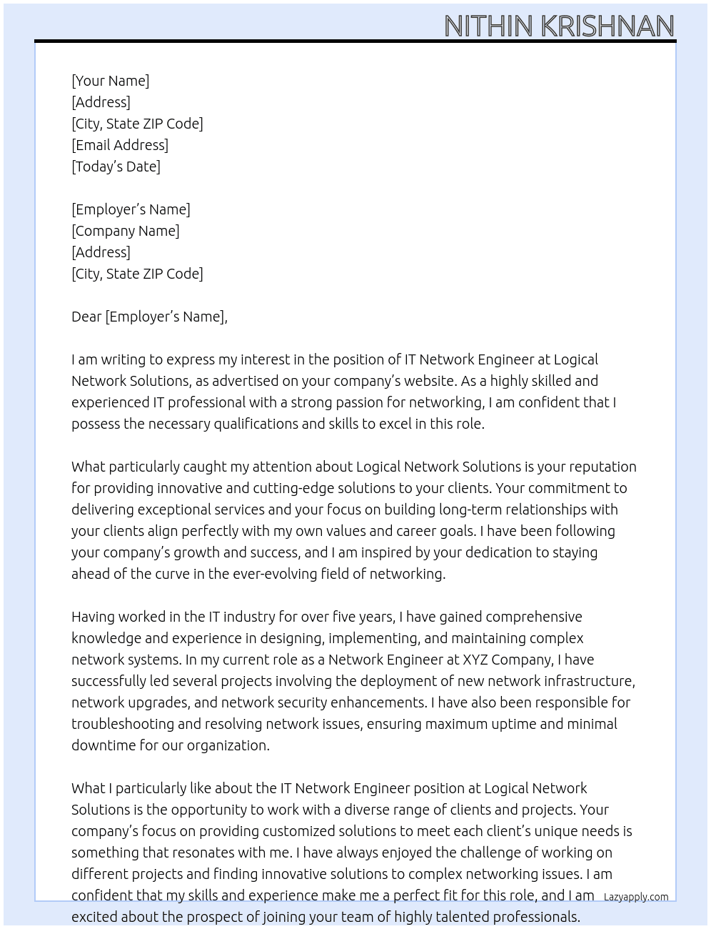 IT Network Engineer At Logical Network Solutions Cover Letter