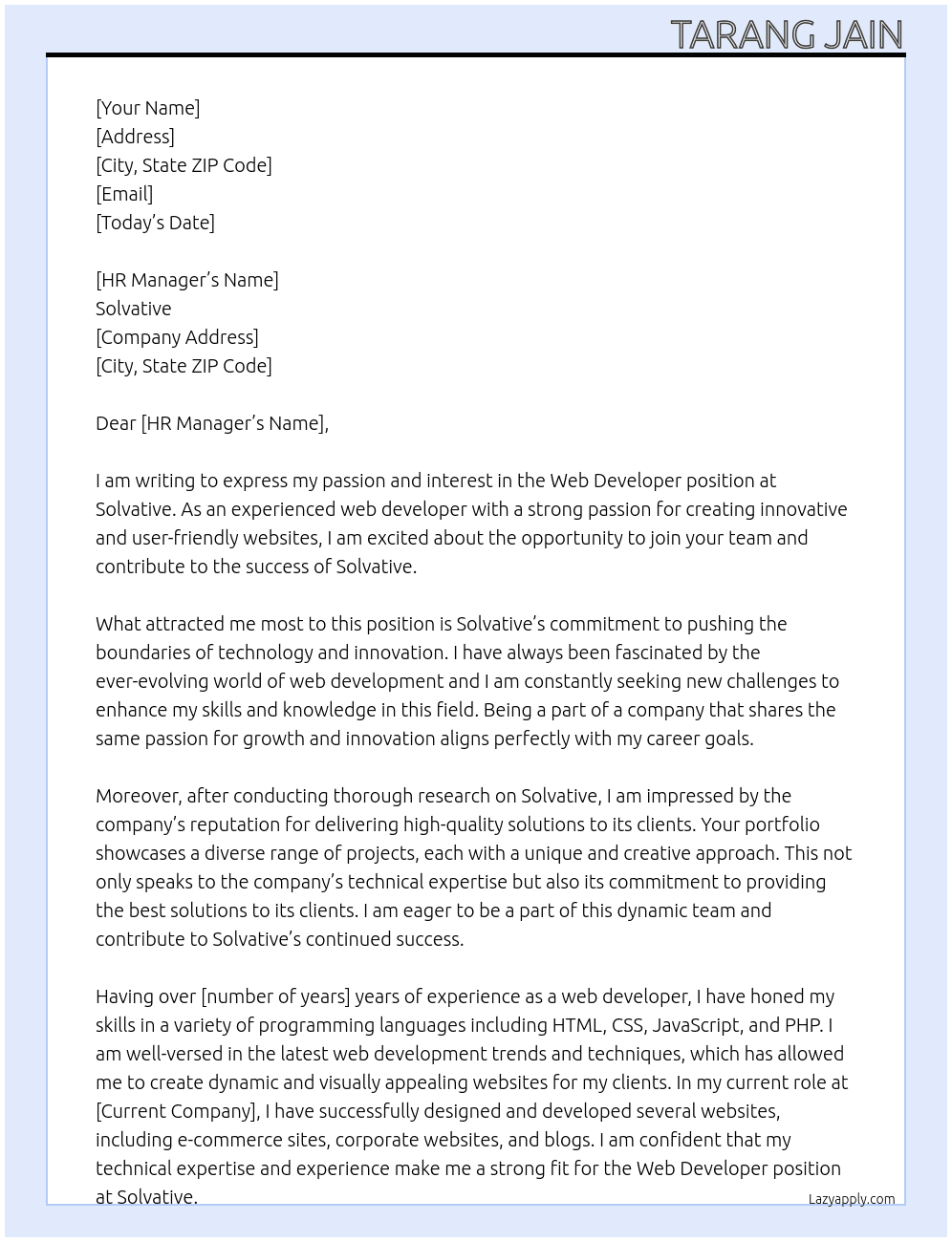 web developer At Solvative Cover Letter