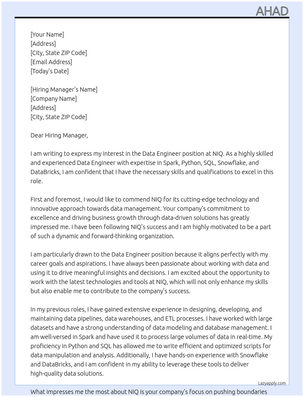 Data Engineer At NIQ Cover Letter