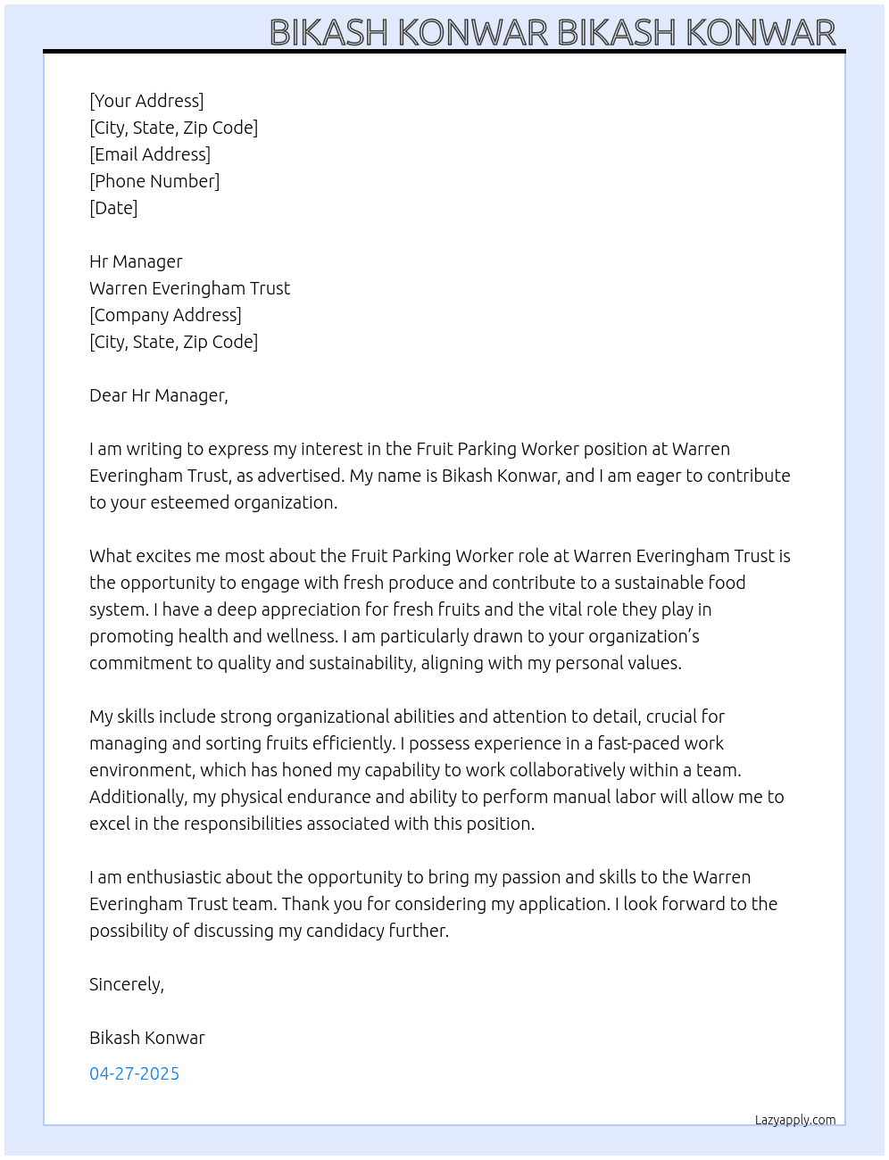 Fruit parking worker  At Warren Everingham Trust  Cover Letter