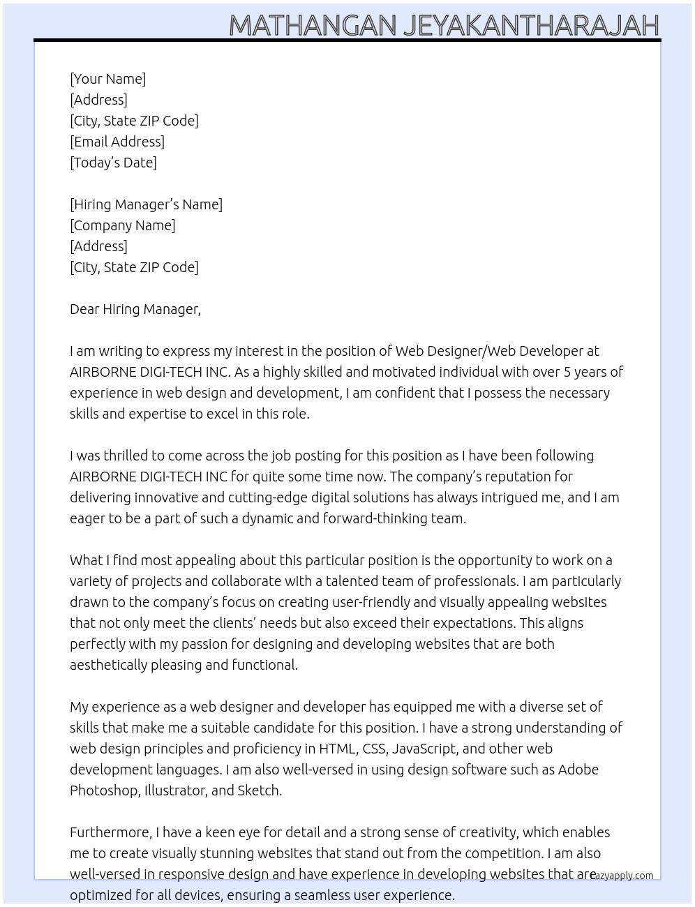 Web designer / Web developer At AIRBORNE DIGI-TECH INC Cover Letter