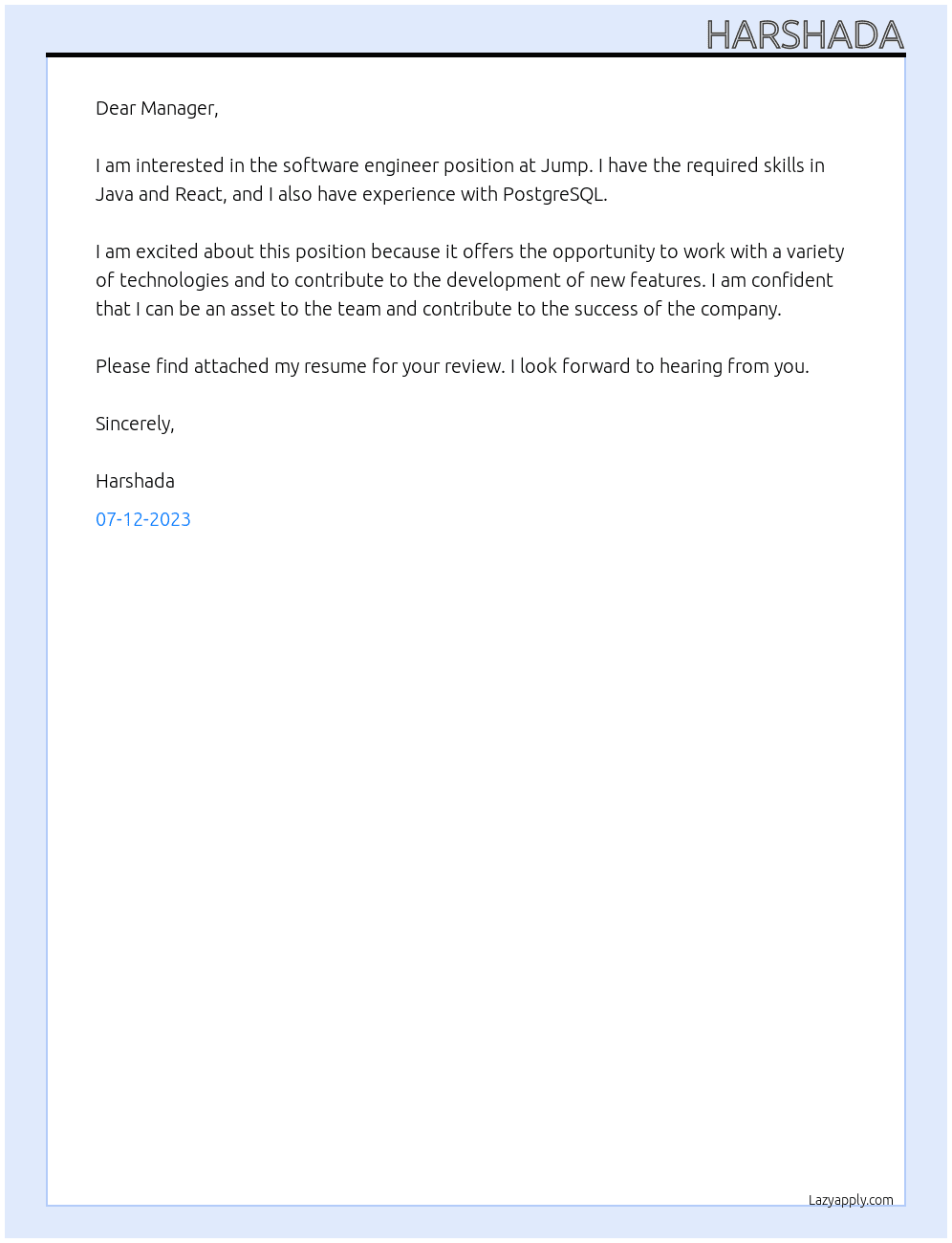 Software Engineer At Jump Cover Letter