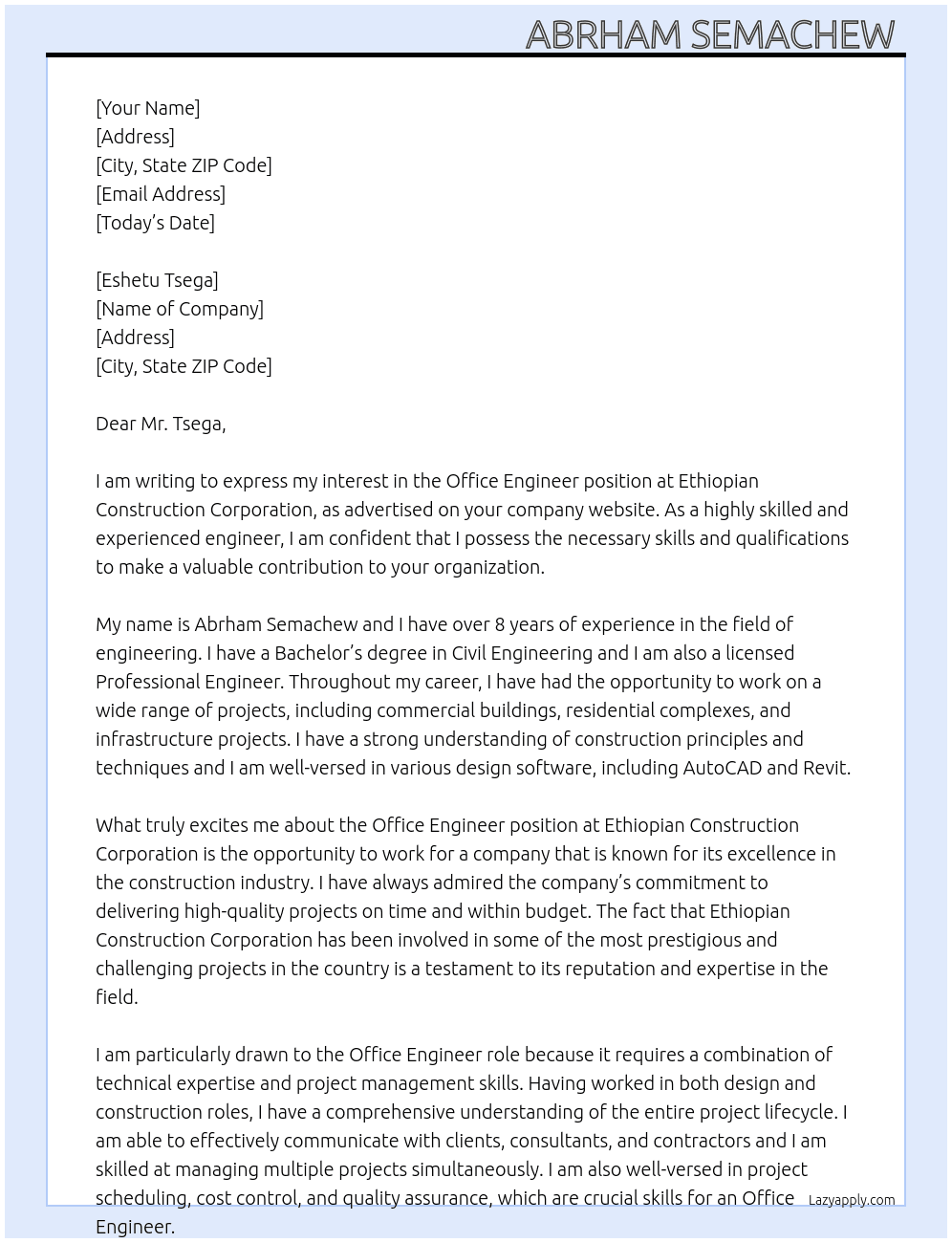 office ENGINEER  At Ethiopian Construction Corporation  Cover Letter