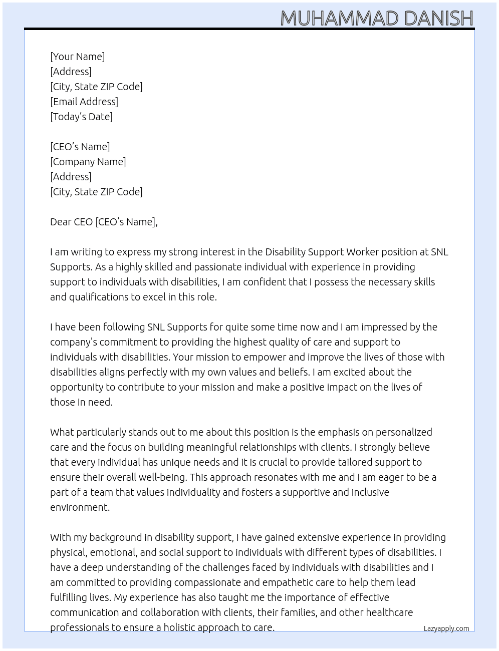 Disability Support Worker At SNL Supports Cover Letter
