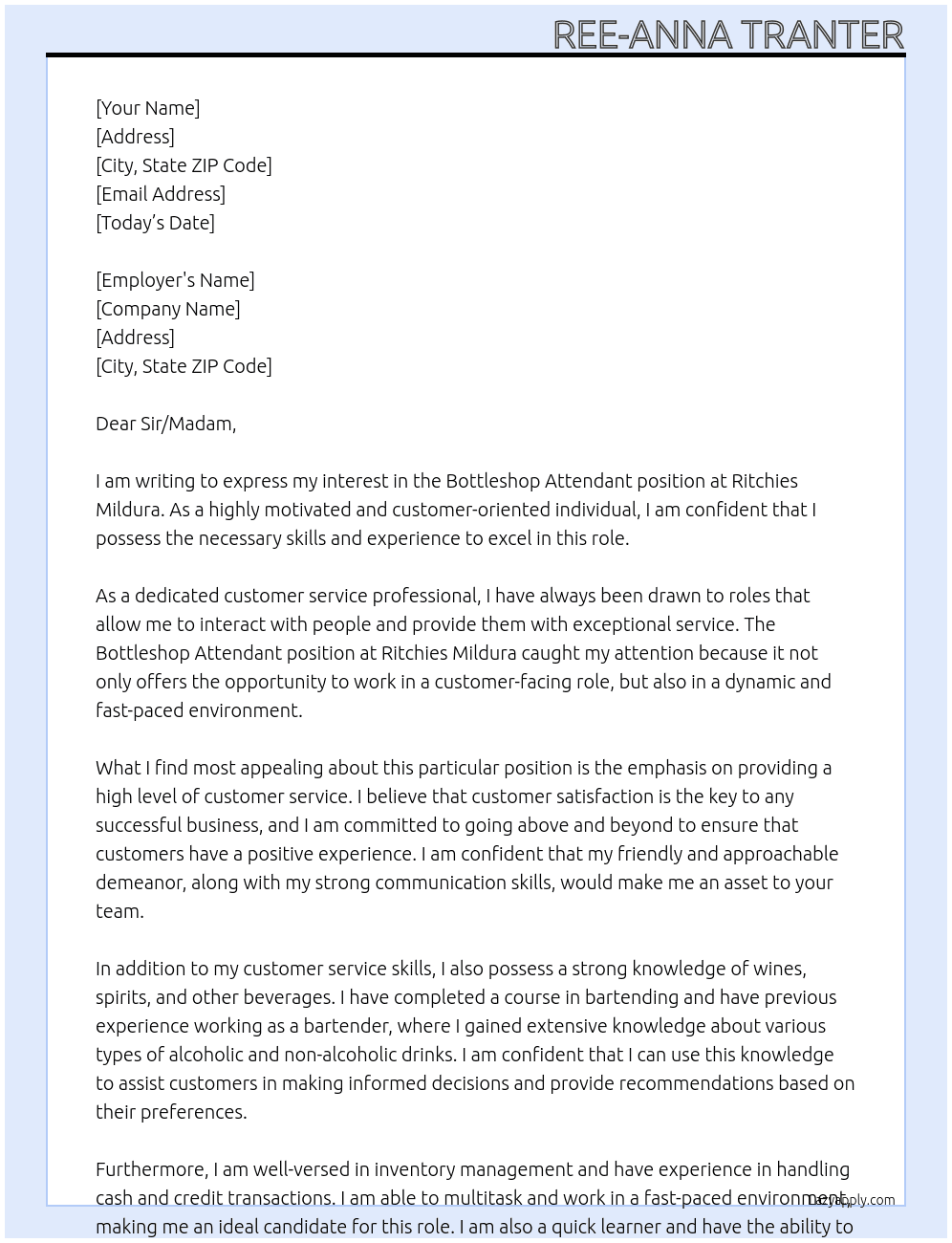 Bottleshop Attendant At Ritchies Mildura Cover Letter
