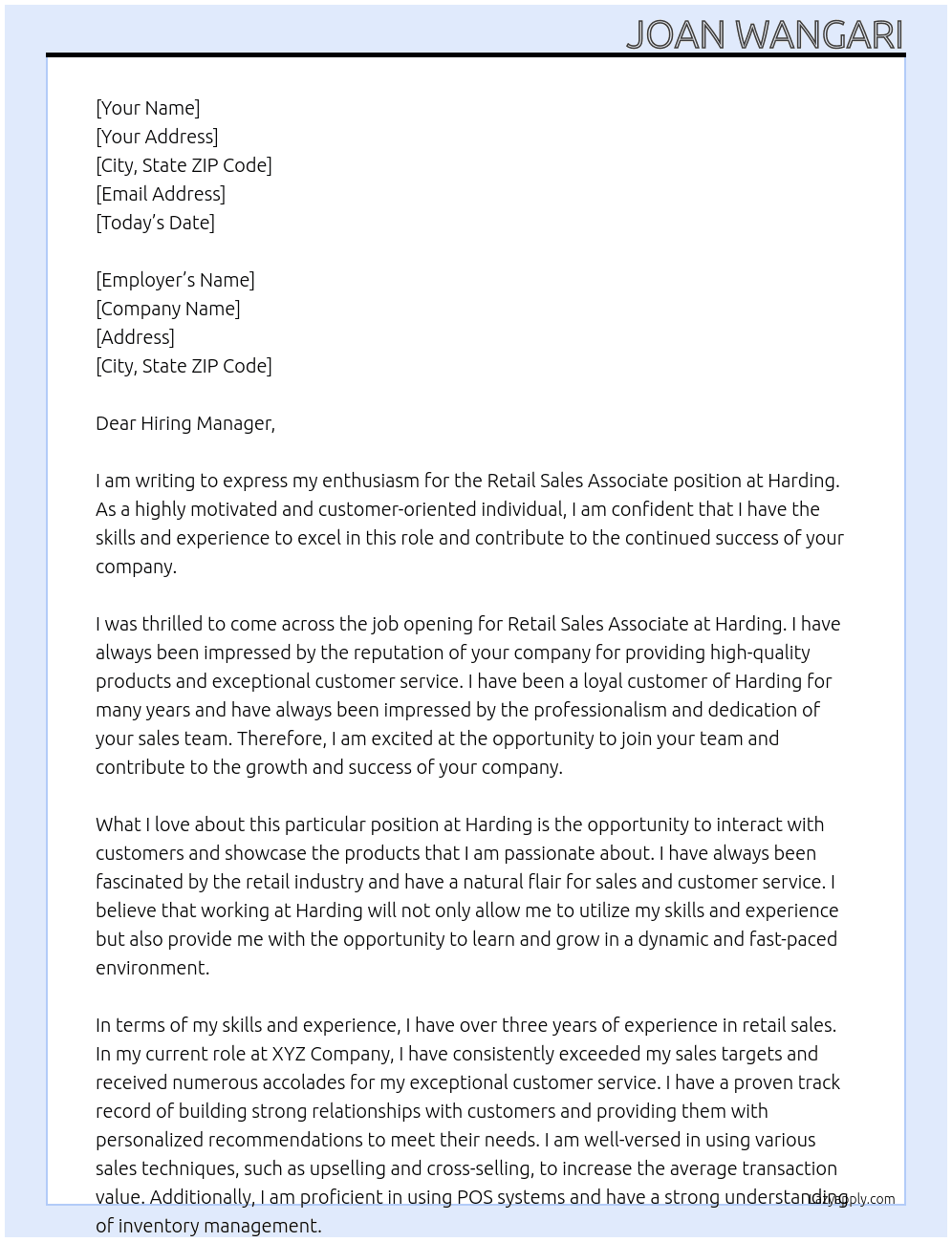 Retail Sales Associate At Harding Cover Letter