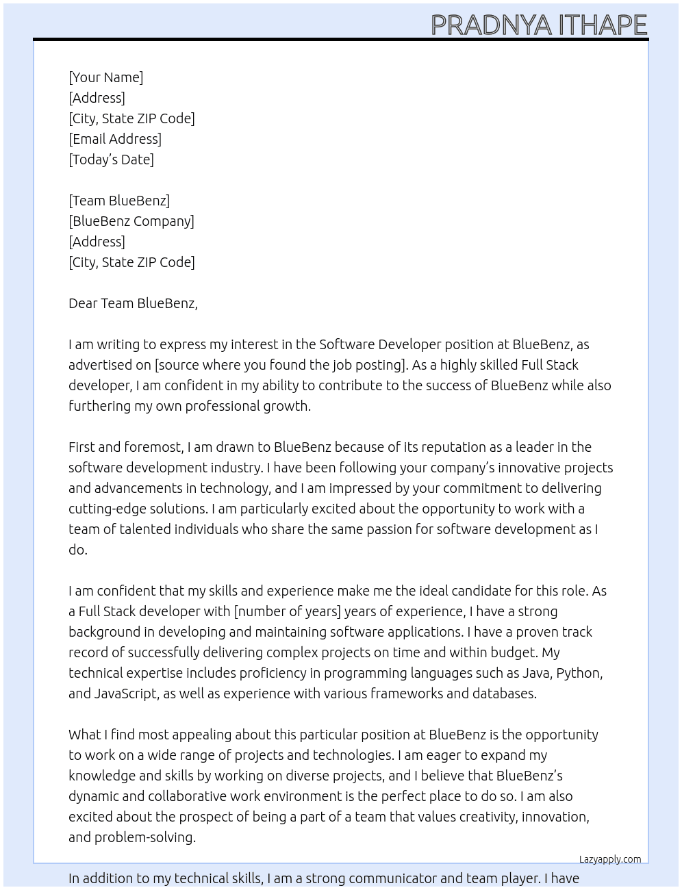 Software Developer  At BlueBenz Cover Letter