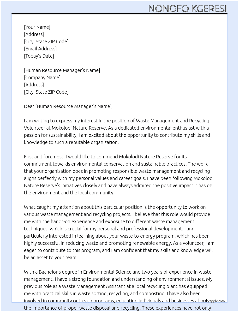 waste management and recycling volunteer At Mokolodi Nature Reserve Cover Letter