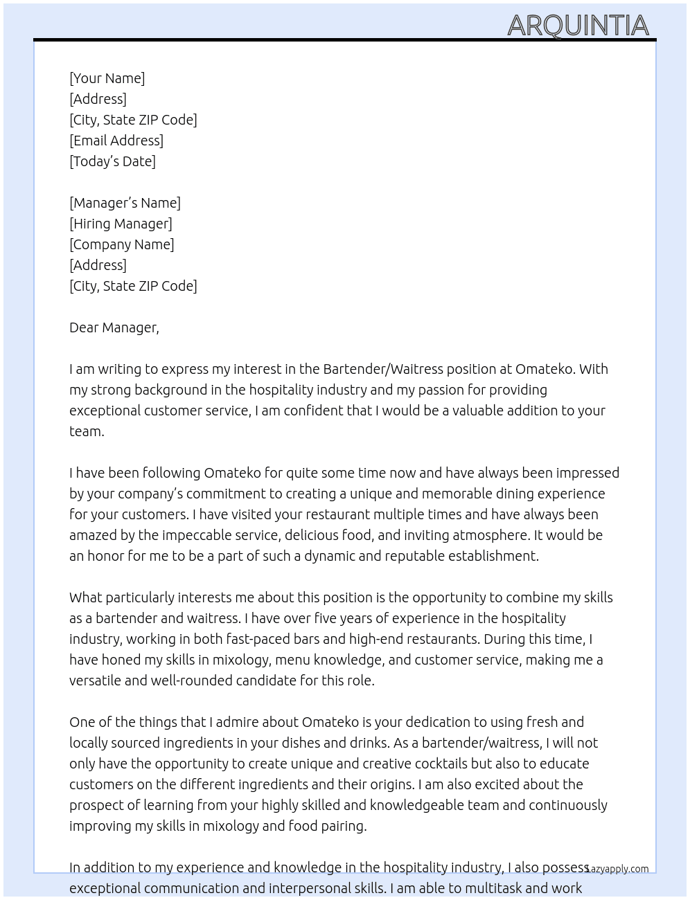 Bartender/waitress  At Omateko Cover Letter