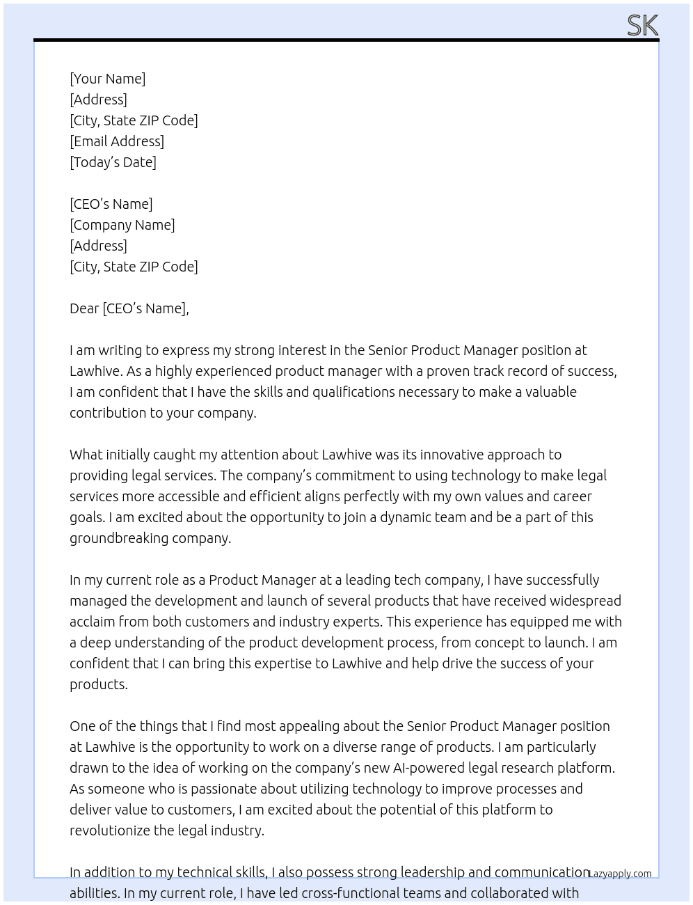 Senior Product Manager At Lawhive Cover Letter