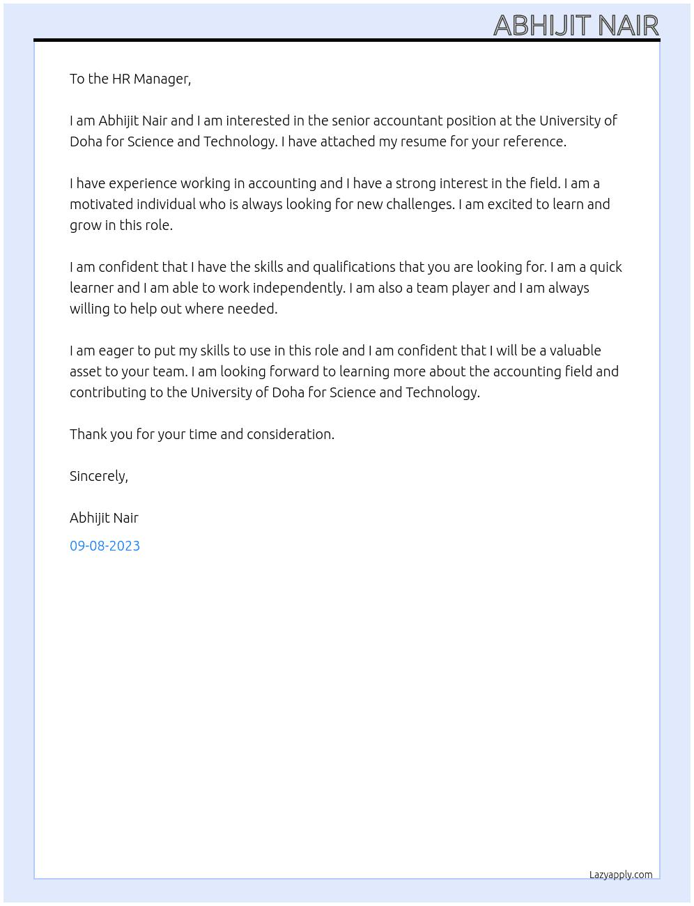 senior accountant At university of doha for science and technology Cover Letter
