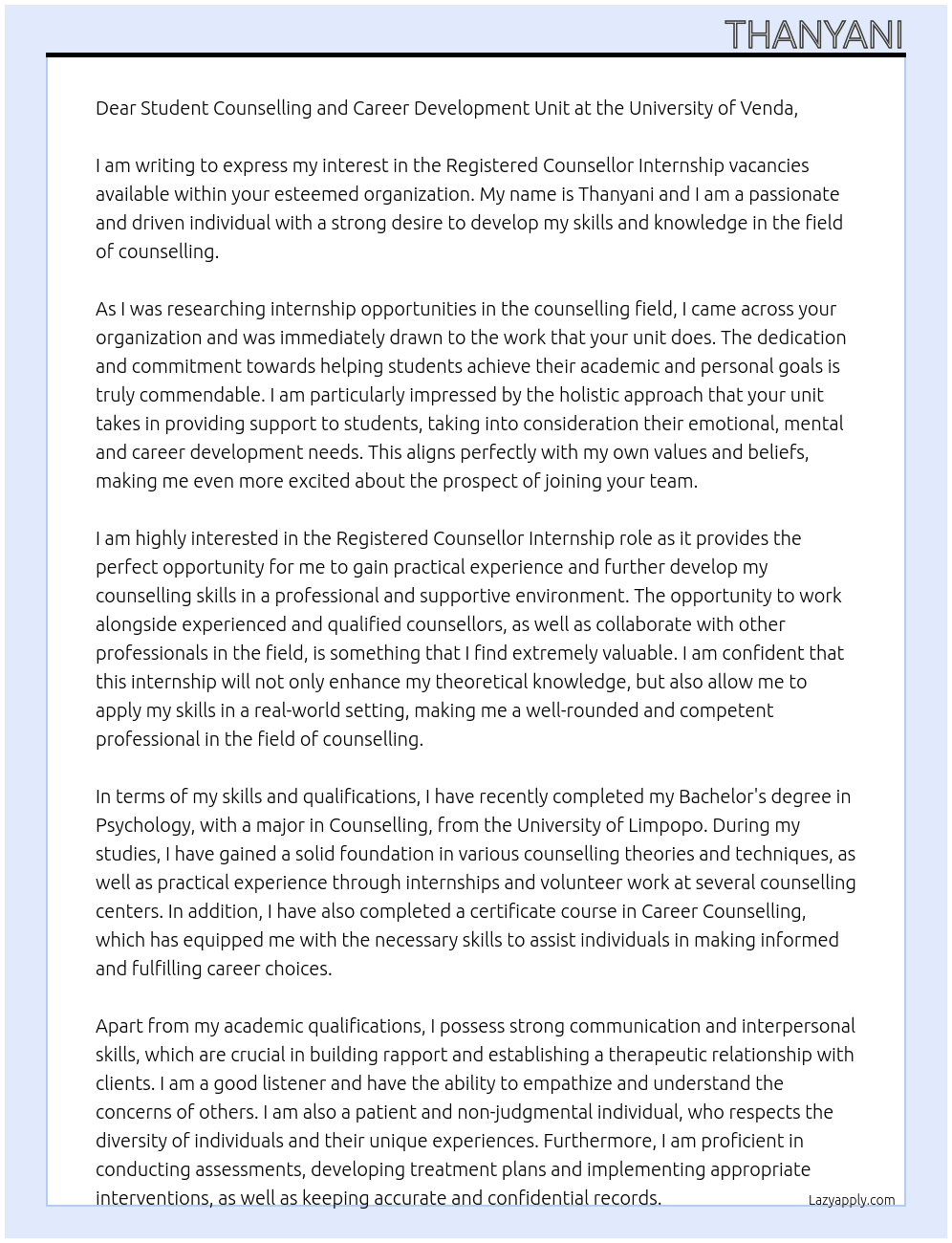 Registered Counsellor Internship vacancies At University of venda  Cover Letter