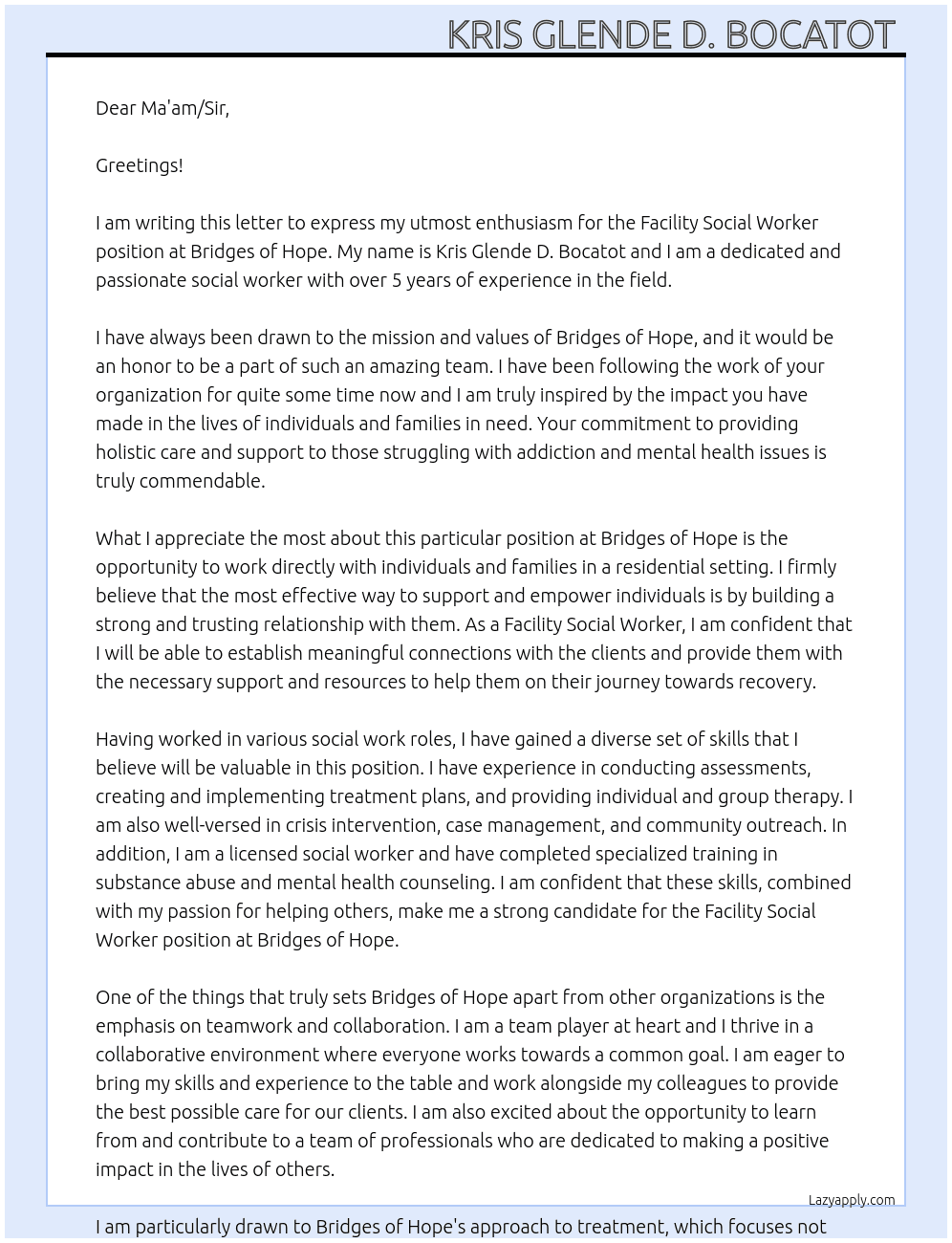 Facility Social Worker  At Bridges of Hope  Cover Letter