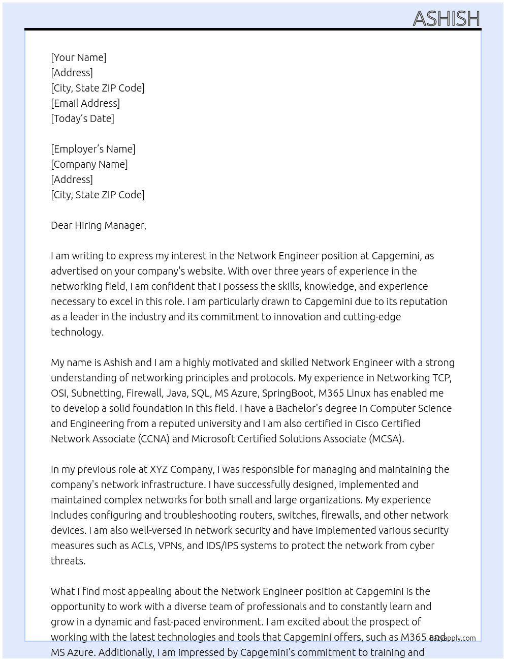 Network Engineer At Capgemini Cover Letter