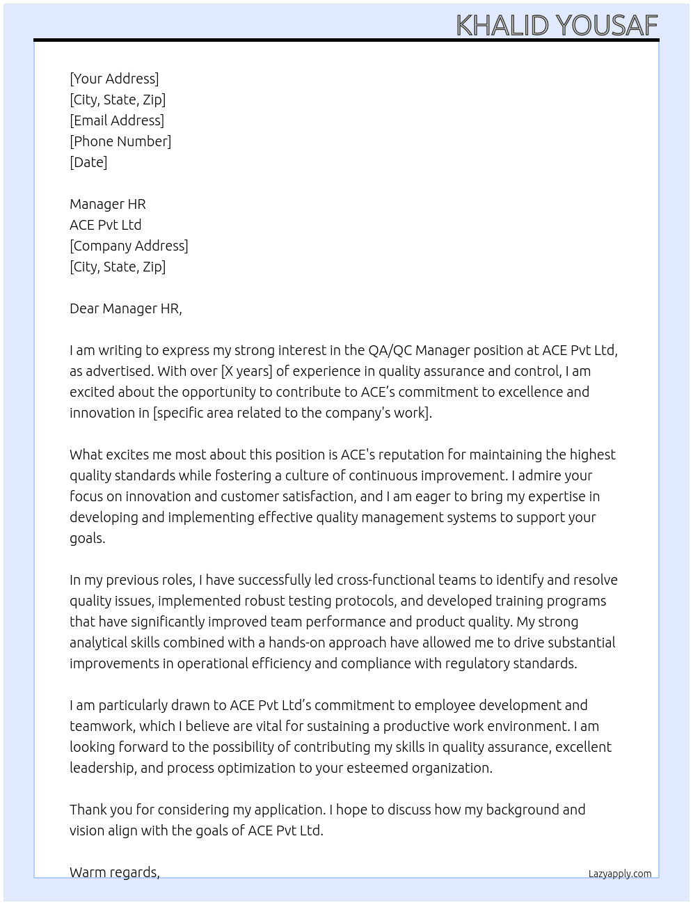 QA/QC Manager At ACE Pvt Ltd Cover Letter