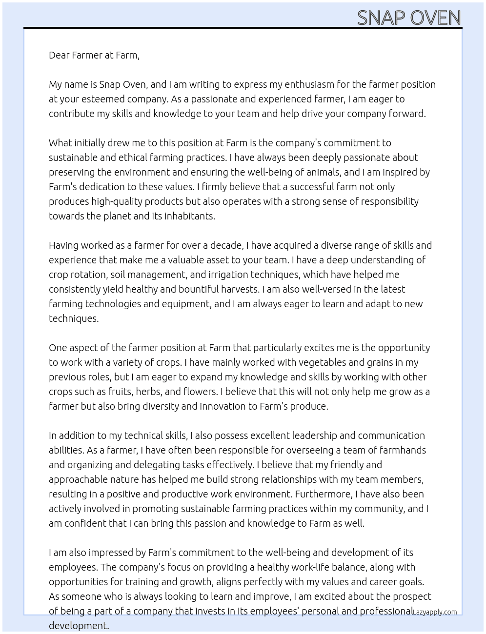 farmer At Farm Cover Letter
