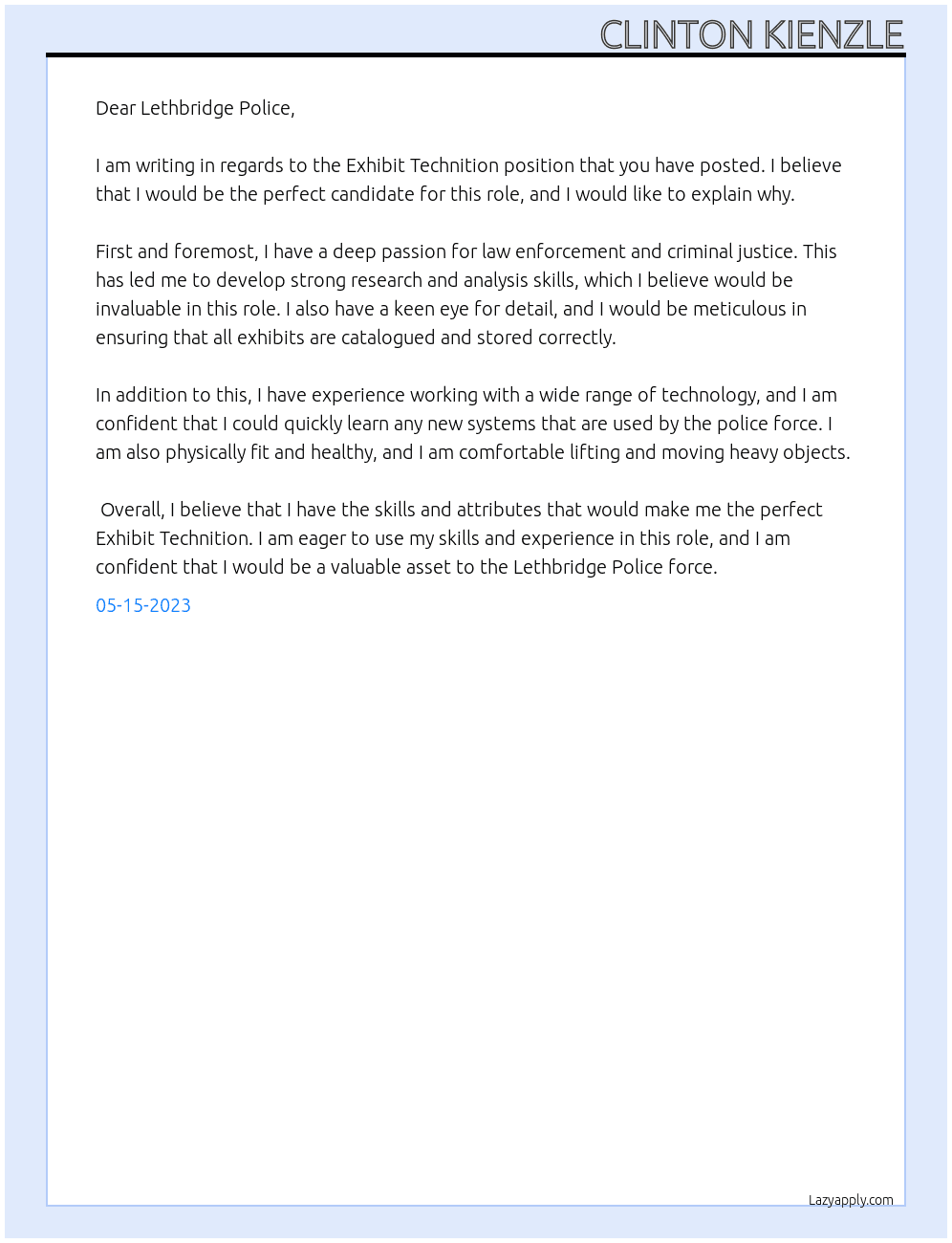 Exhibit Technition At Lethbridge Police Cover Letter