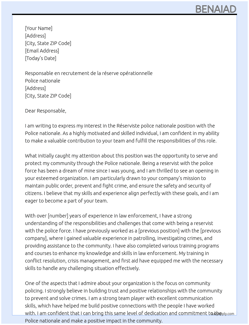 Réserviste police nationale At Police nationale  Cover Letter