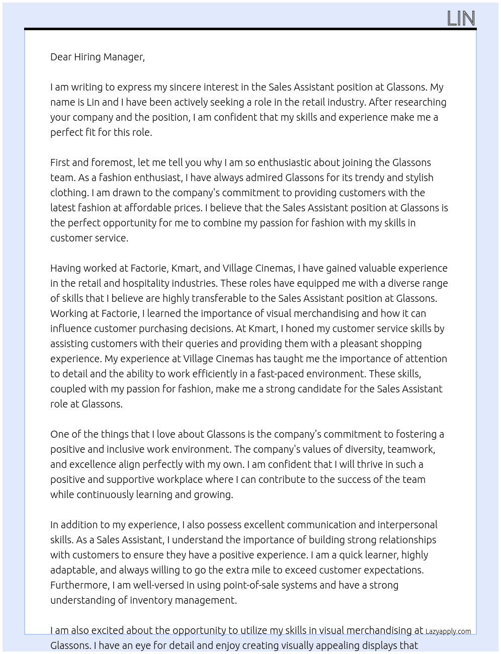 Sales assistant  At Glassons Cover Letter