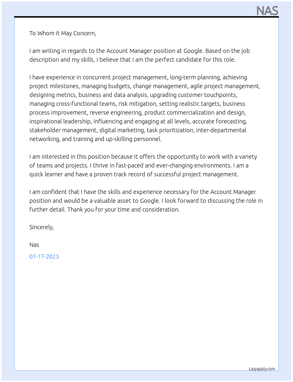 Change Manager At Google Cover Letter