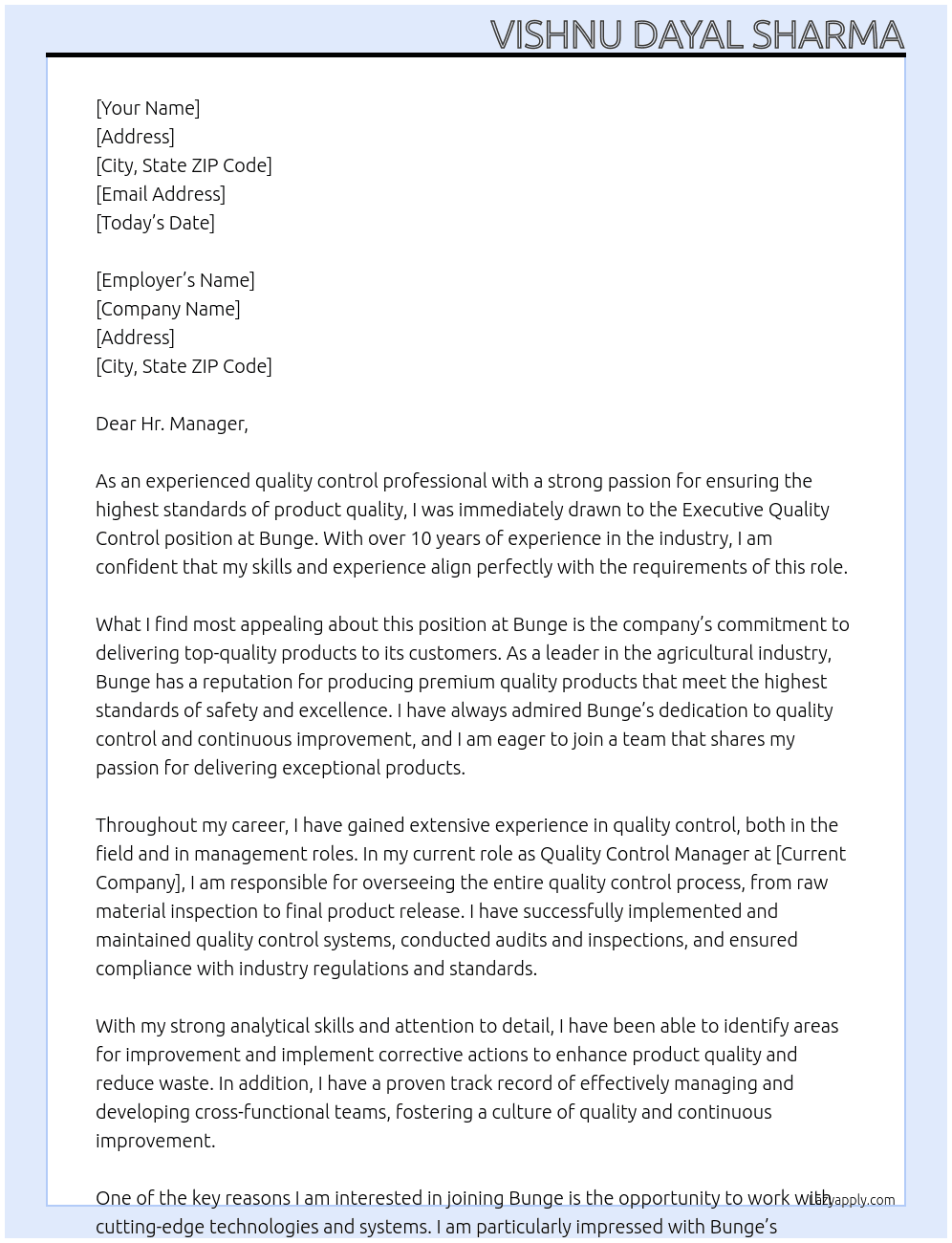 executive quality control At bunge Cover Letter