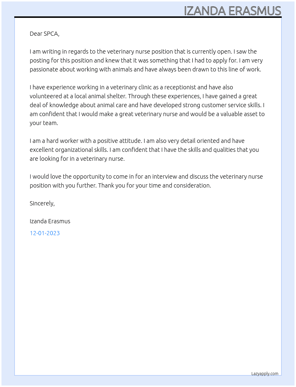 veterinary nurse At SPCA Cover Letter